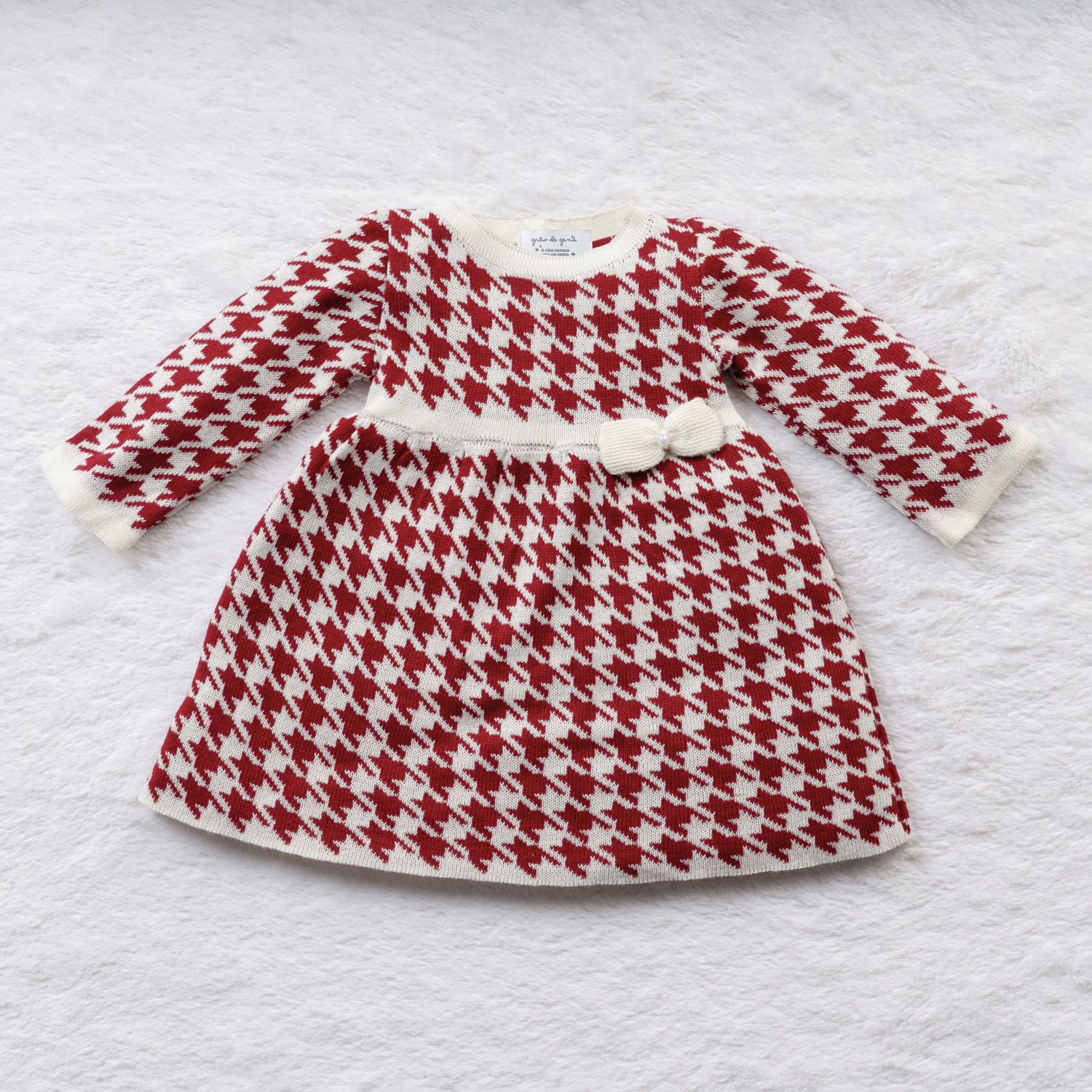 Vestido Tricot Jacquard Pied de Poule com Laço Vermelho