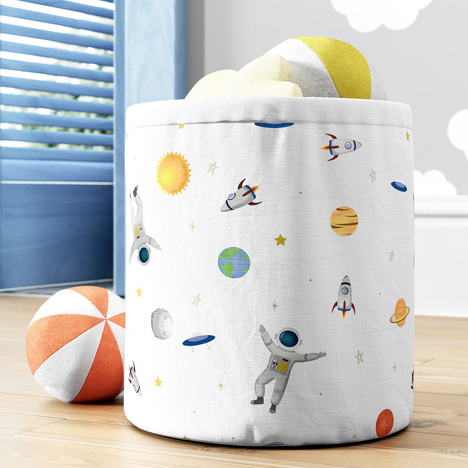 Cesto Organizador para Brinquedos Astronauta e Planetas Branco 24cm