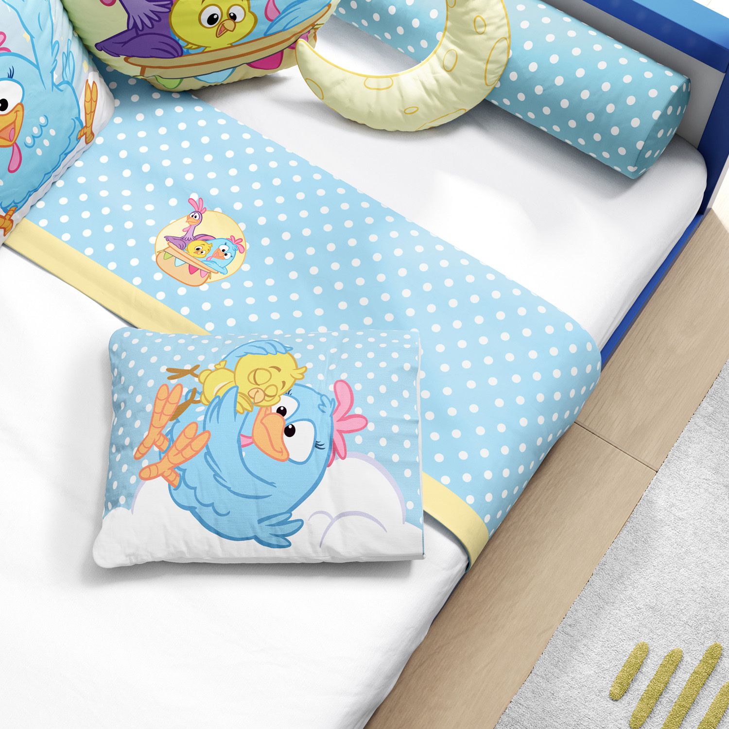 Jogo de Lençol Mini Cama Galinha Pintadinha Poá Azul Bebê