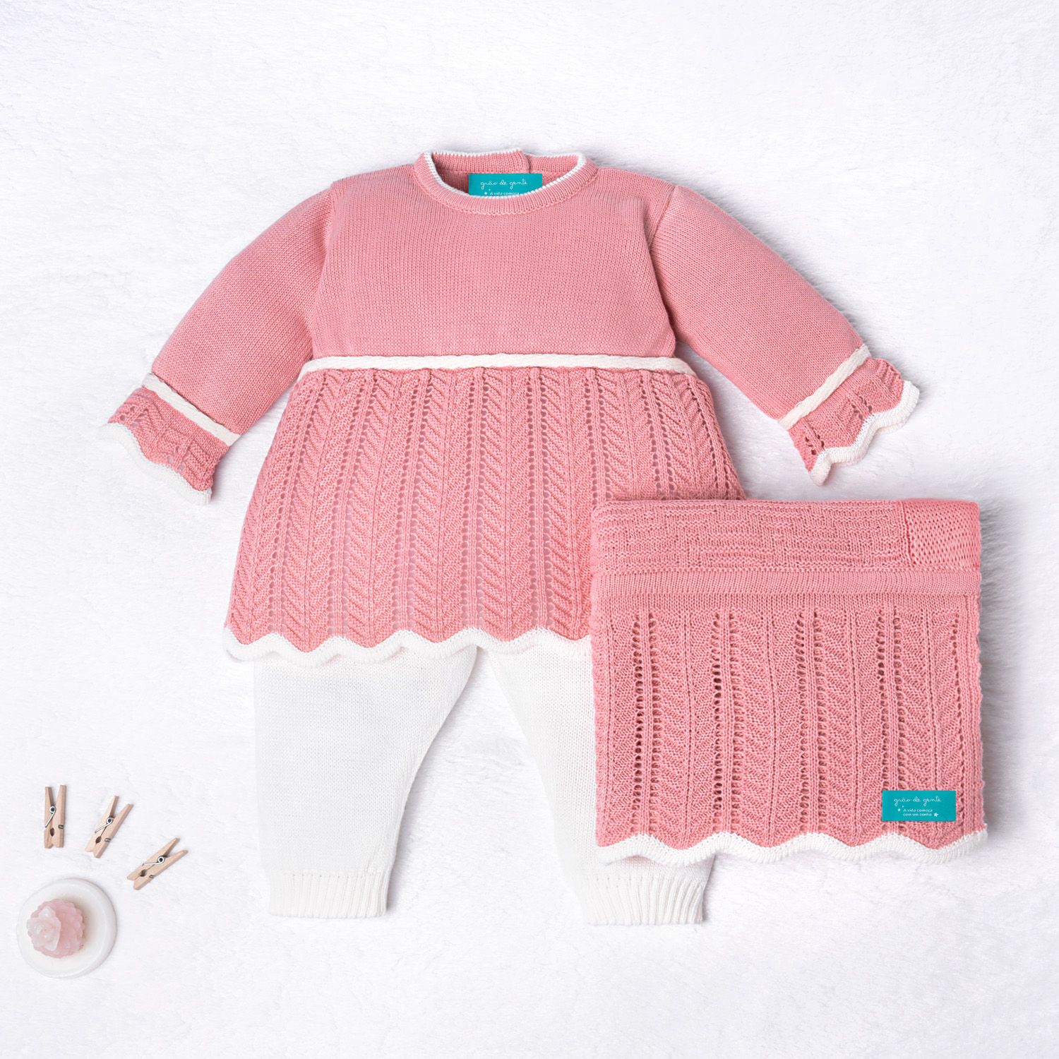 Saída Maternidade Tricot Vestido e Calça Elegance Rosa Chiclete 03 Peças