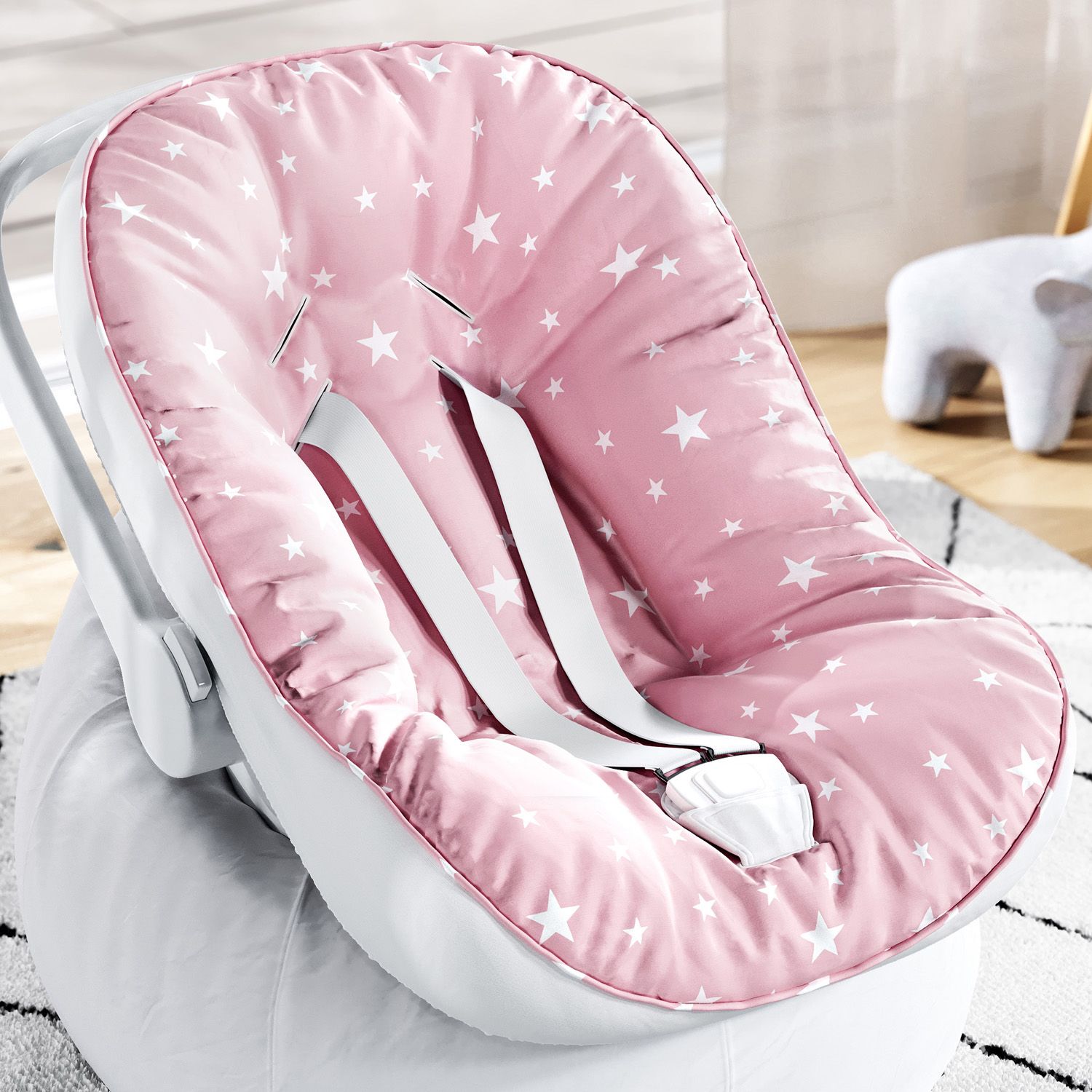 Capa de Bebê Conforto com Protetor de Cinto Estrelinhas Rosa e Branco