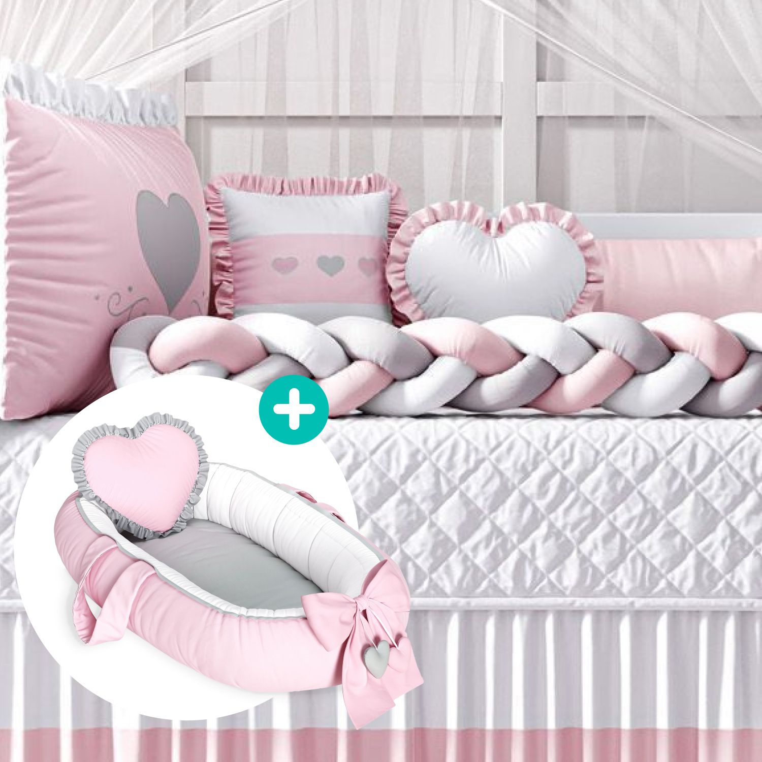 Kit Berço Trança Coração Rosa + Ninho para Bebê Redutor de Berço Coração Rosa e Cinza