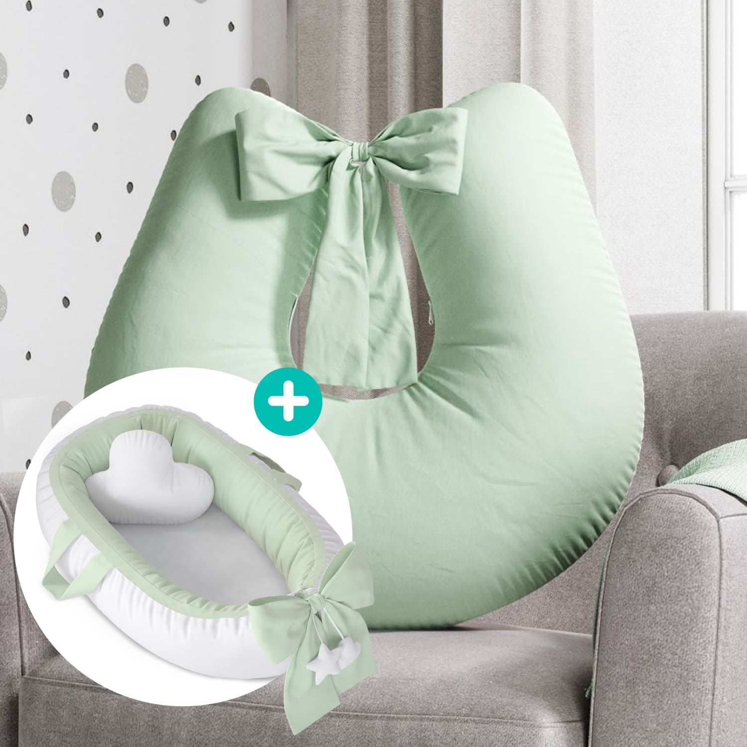 Kit Almofada Amamentação + Ninho para Bebê Redutor de Berço Verde