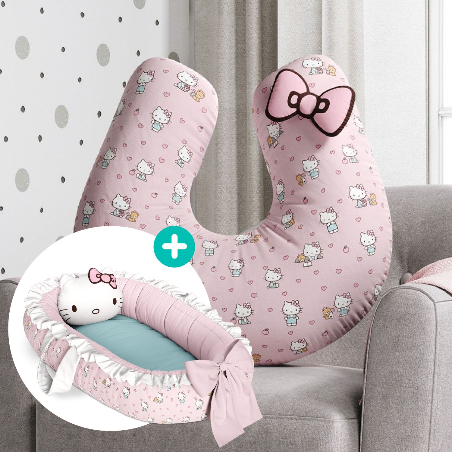 Kit Almofada Amamentação + Ninho para Bebê Redutor de Berço Hello Kitty Rosa e Azul 
