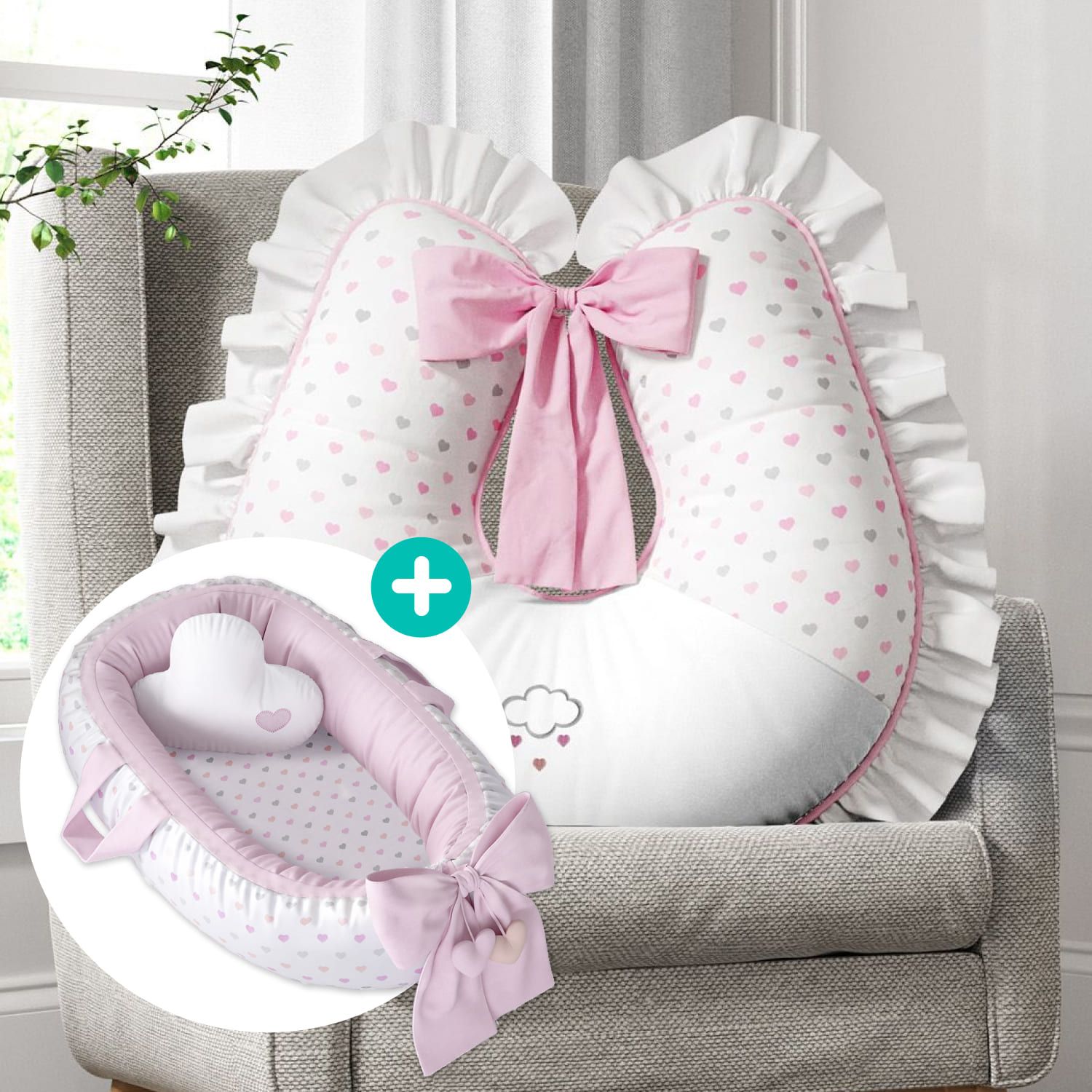 Kit Almofada Amamentação Chuva de Amor Rosa + Ninho para Bebê Redutor de Berço Corações