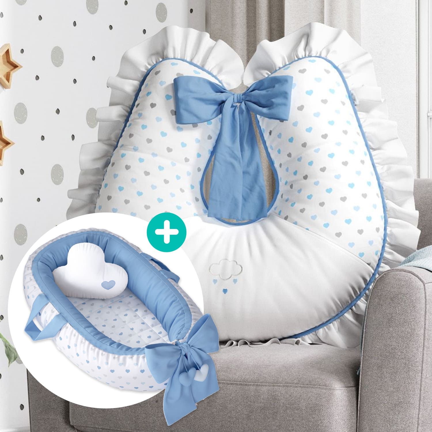 Kit Almofada Amamentação Chuva de Amor Azul + Ninho para Bebê Redutor de Berço Corações