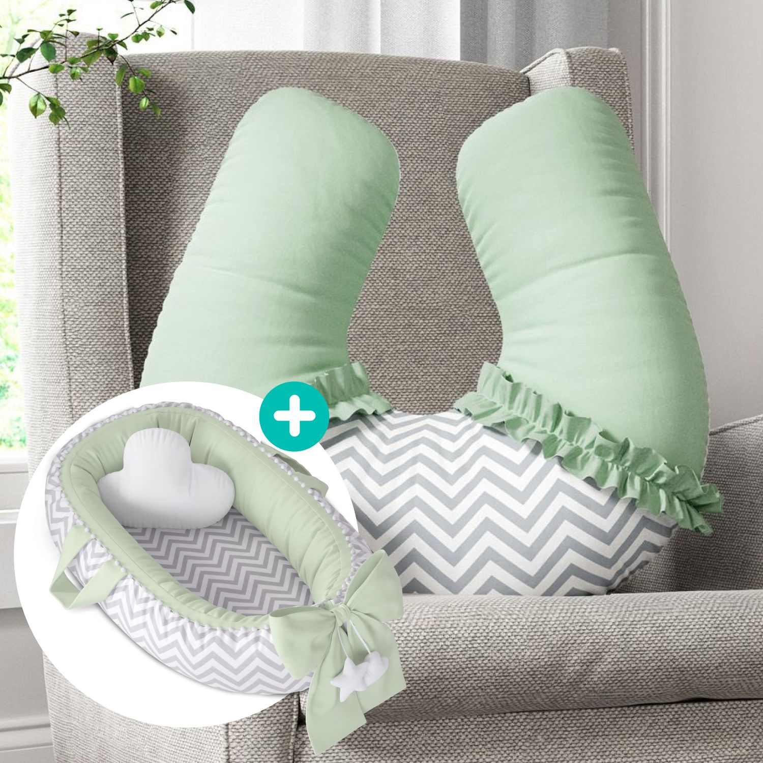 Kit Almofada Amamentação + Ninho para Bebê Redutor de Berço Pompom Chevron Verde e Cinza