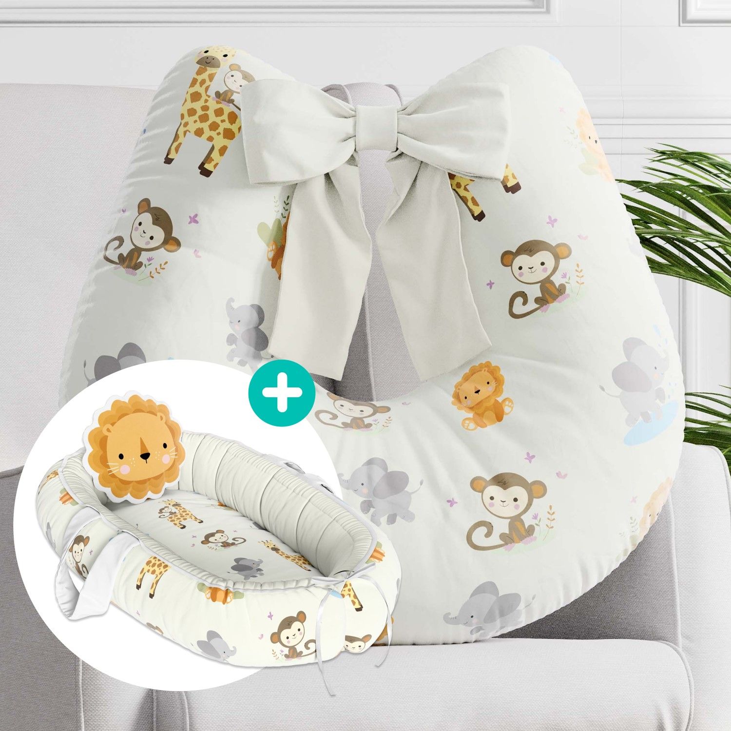Kit Almofada Amamentação Animais Selva Baby + Ninho para Bebê Redutor de Berço Leão