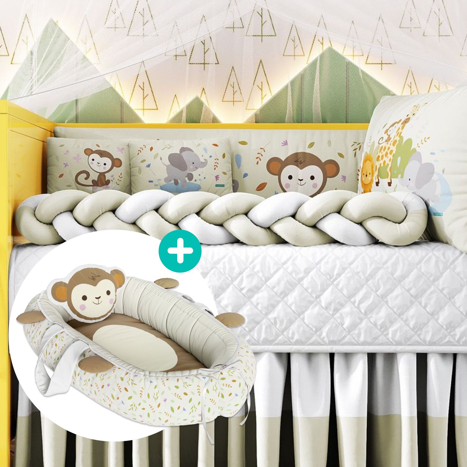 Kit Berço Trança Selva Baby + Ninho para Bebê Redutor de Berço Macaquinho Selva Baby