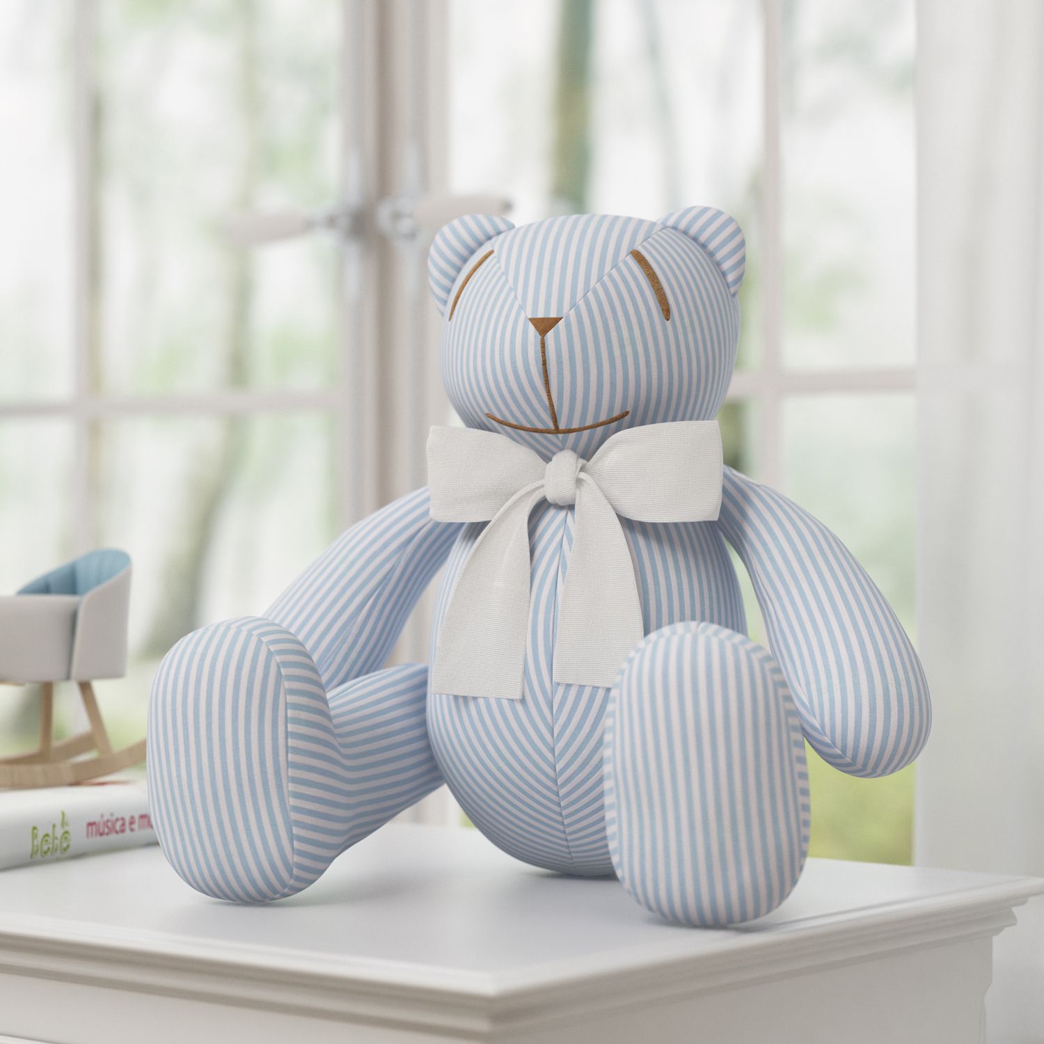 Urso Azul Listrado com Laço Branco 34cm