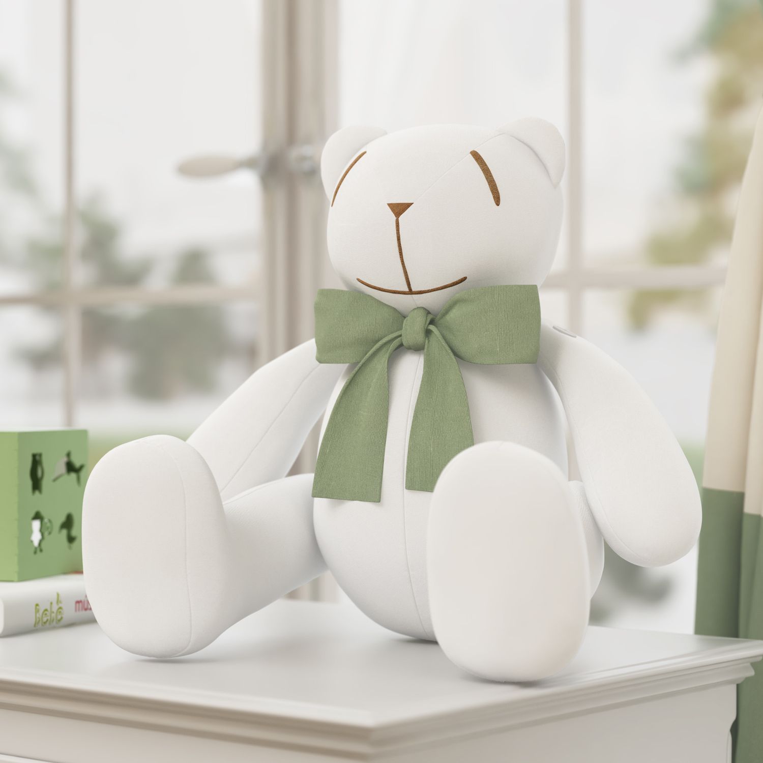 Urso Branco com Laço Verde 34cm