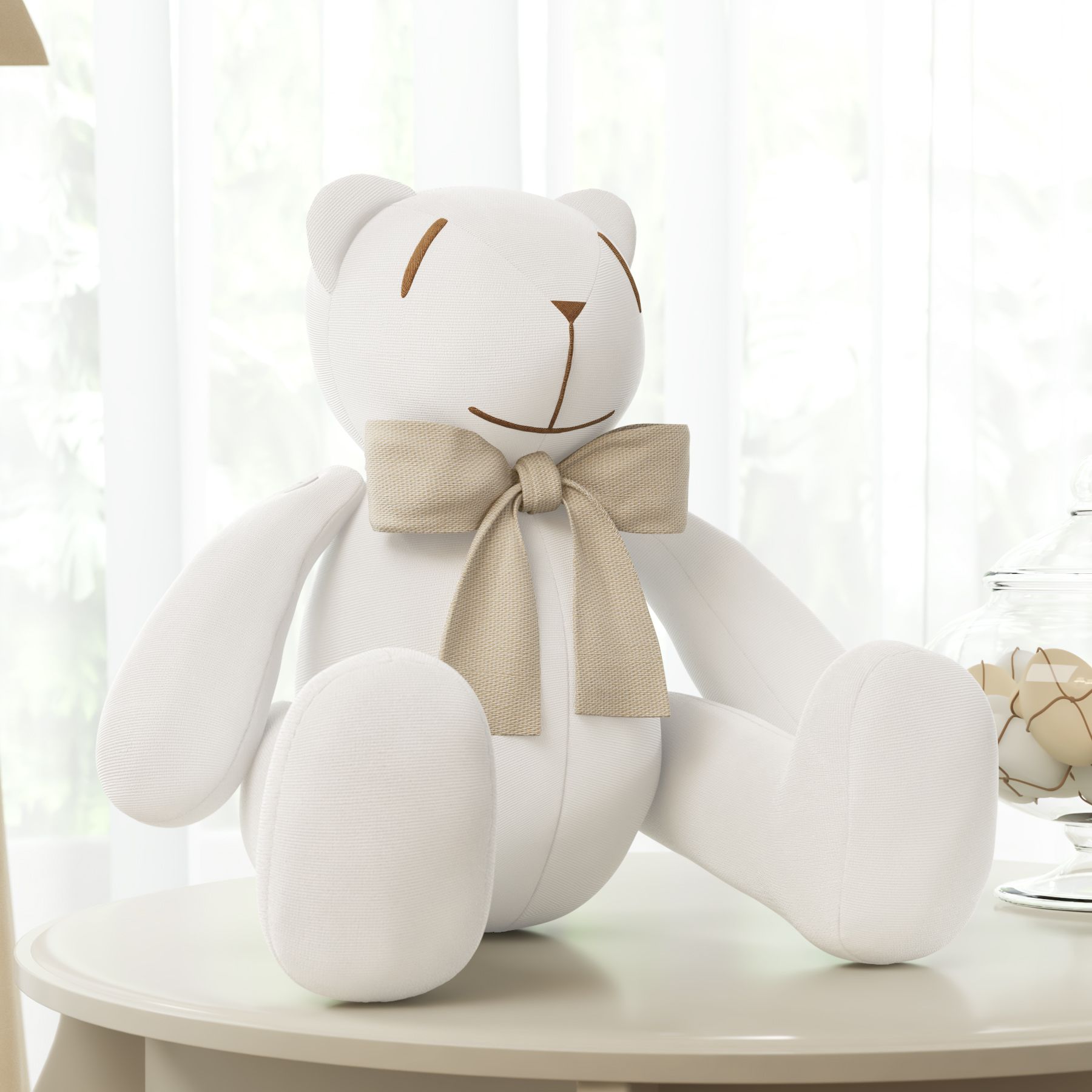 Urso Branco com Laço Bege 34cm