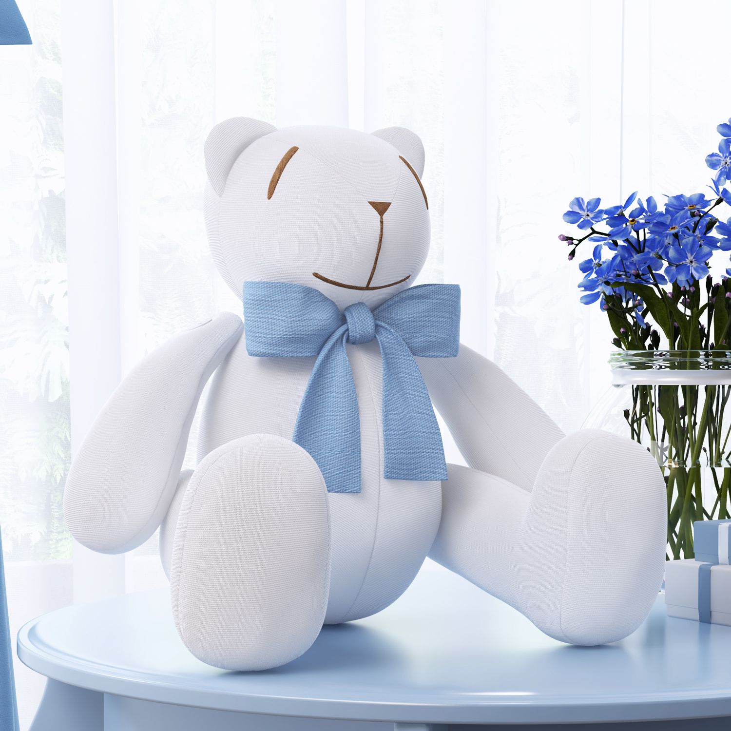 Urso Branco com Laço Azul Bebê 34cm