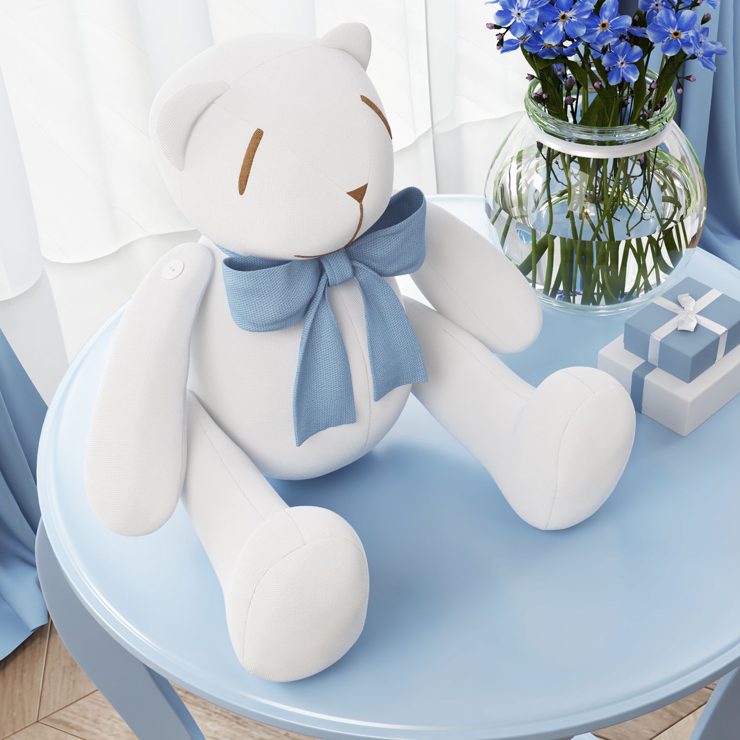 Urso Branco com Laço Azul Bebê 25cm