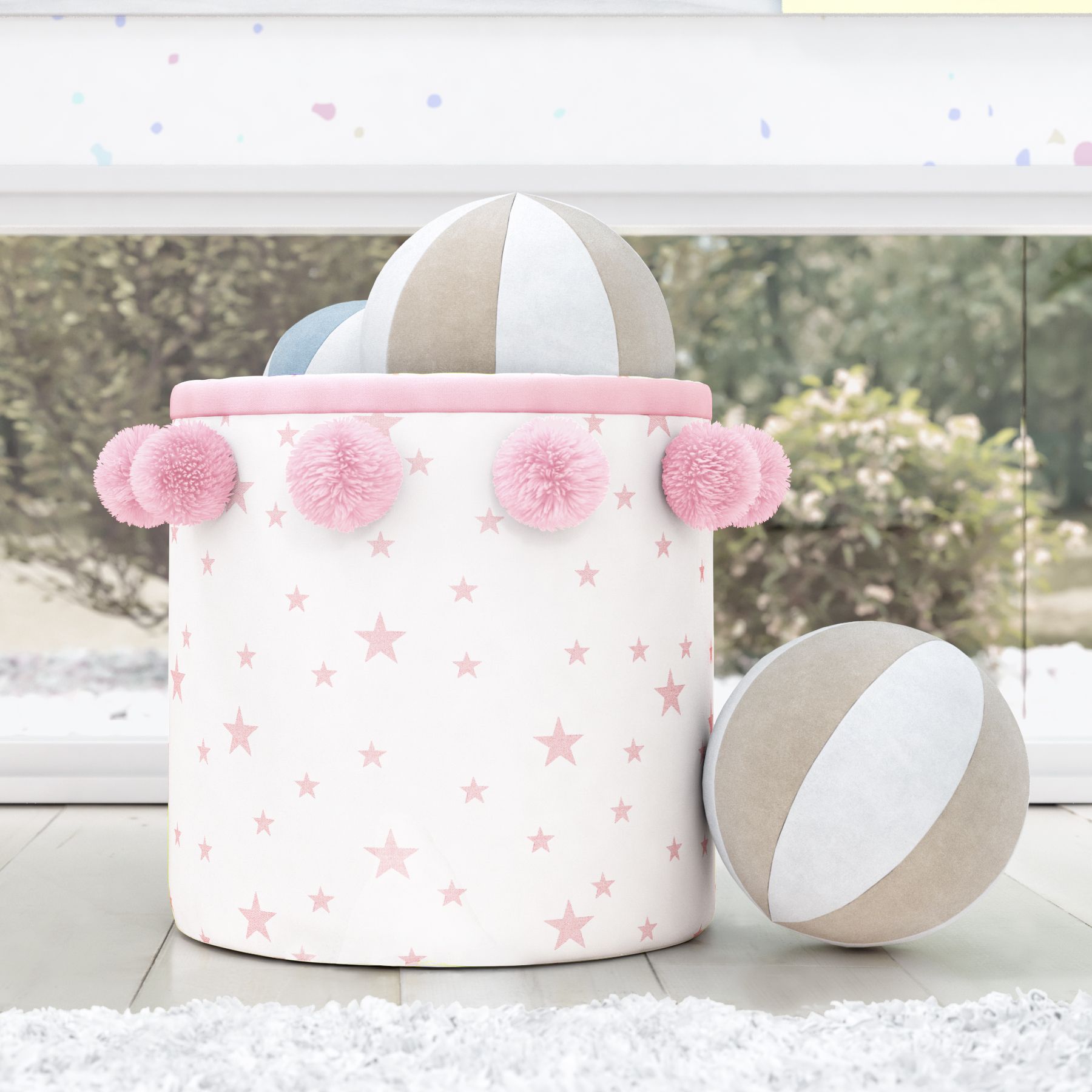 Cesto Organizador para Brinquedos Estrelinhas Pompom Rosa 35cm